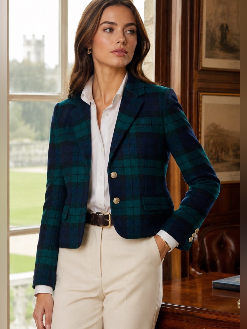 J. Crew old money jockey equestrian Polo Blue Plaid  suit Blazer gold buttons 6P